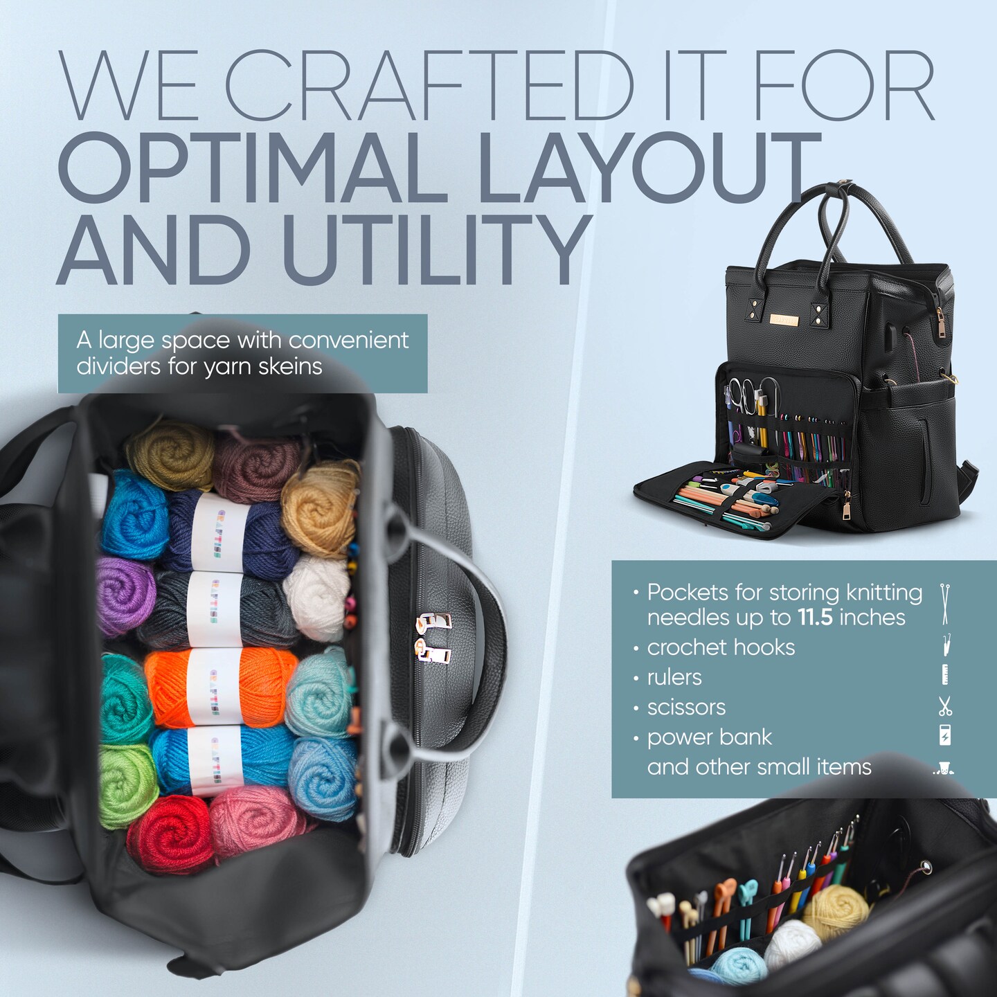 Yarn Storage Backpack for Knitting &#x26; Crocheting on the Go - Faux Leather Water-Resistant Bag with USB Port