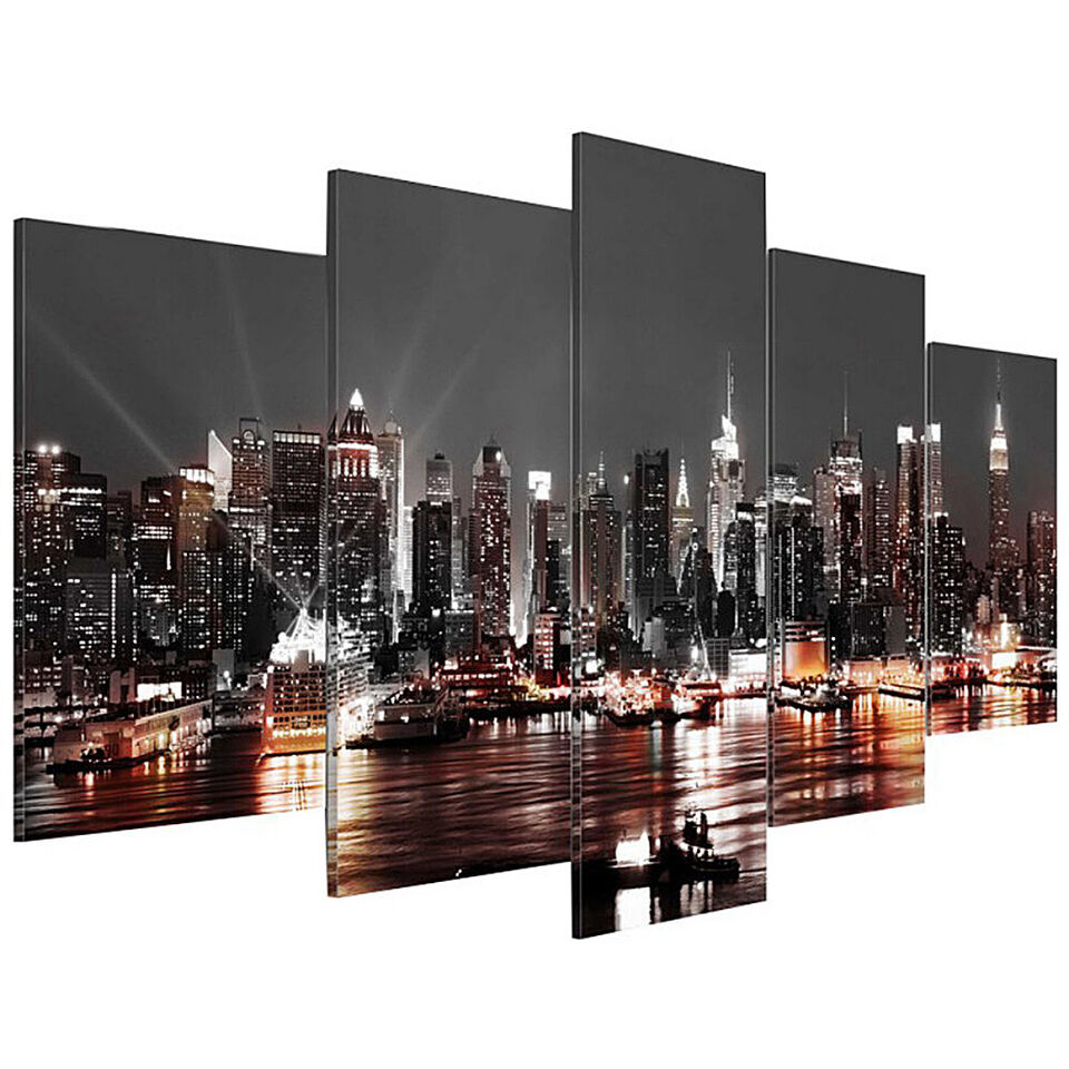 5 Pieces Canvas Wall Art Poster Print Modern City Night Painting.