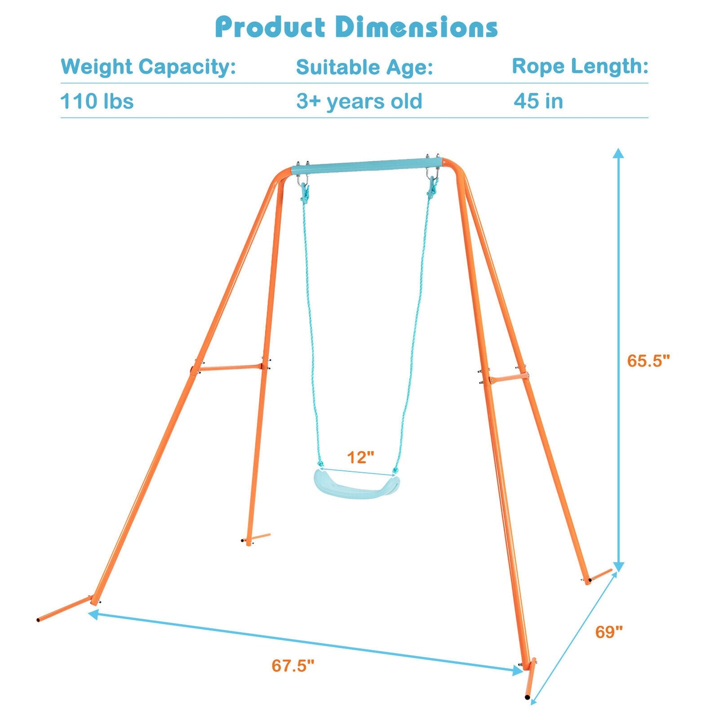 Outdoor Kids Swing Set with Heavy Duty Metal A-Frame and Ground Stakes