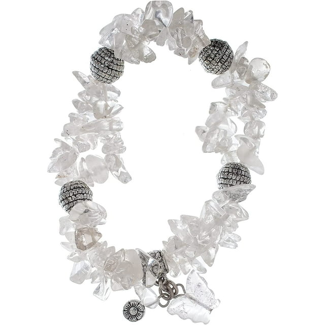 Earth's Jewels Semi-Precious Natural Crystal Quartz Clear 2-Strand Bracelet, Butterfly Charm