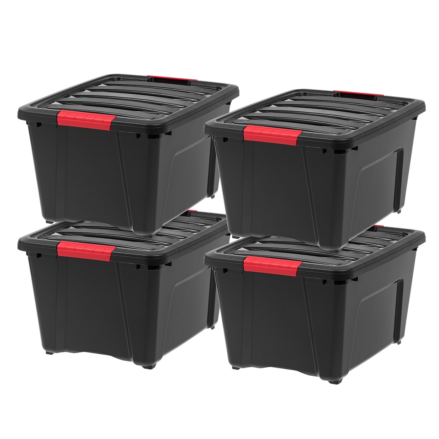 IRIS USA 32 Qt Stackable Plastic Storage Bins with Lids, 4 Pack - BPA-Free, Made in USA - Garage Organizing Solution, Latches, Durable Nestable Containers, Secure Pull Handle - Black