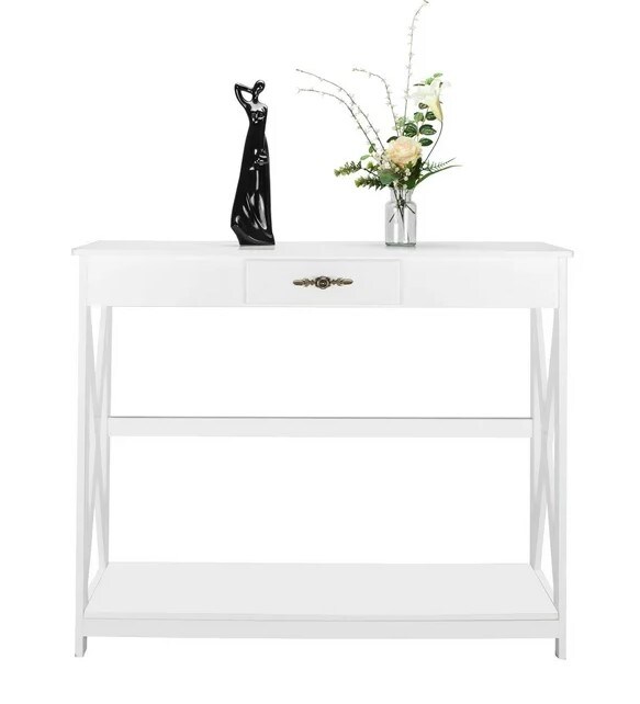 Sofa Table with a Drawer and a Shelf in White Slim Entryway Table with Storage for Foyer, Hallway, and Living Room