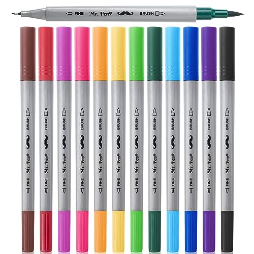 Dual Tip Brush Pens, 12 Colors, Art Markers for Kids Adults Coloring