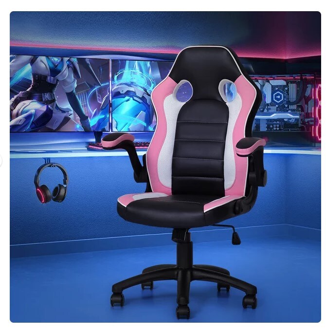 Black/pink PU leather computer gaming office chair with flip-up arms that works as a working desk seat