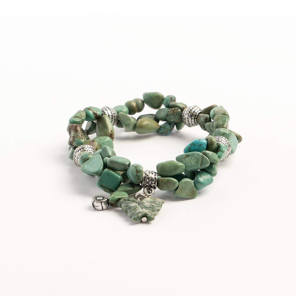Earth's Jewels Semi-Precious Dyed Stabilized Turquoise 3-Strand Chips Stretch Bracelet, Butterfly Charm