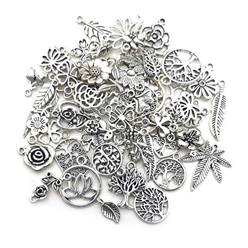 100 Pieces Mix Silver Tree Flower Charms Collection, Bulk Mini Small Little Charms Metal Pendant Craft Supplies Findings for Necklace and Bracelet Jewelry Making (HM291)