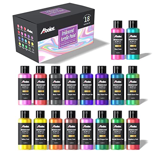 Set of 18, Iridescent Acrylic Paint, Chameleon Colors, 2 oz/60ml Bottles, Color-shifting, Non-Toxic, High Viscosity, Blendable, Paints on Rocks Crafts Canvas Wood, Fabric, Ceramic & Stone
