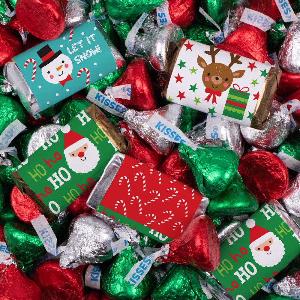 131 Pcs Christmas Candy Chocolate Party Favors Hershey&#x27;s Miniatures &#x26; Red, Green &#x26; Silver Kisses (1.65 lbs, Approx. 131 Pcs) - Santa, Reindeer &#x26; Snowman