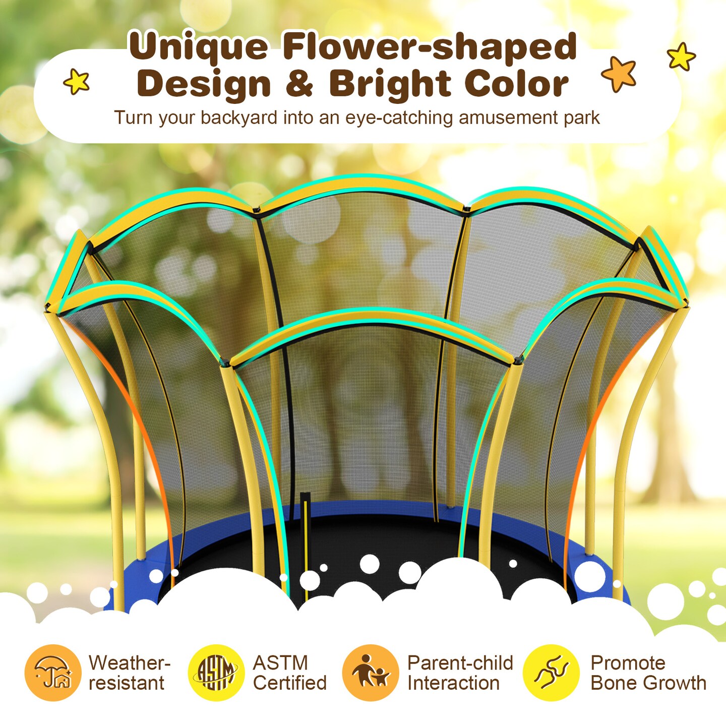8 Feet Outdoor Unique Flower Shape Trampoline with Enclosure Net
