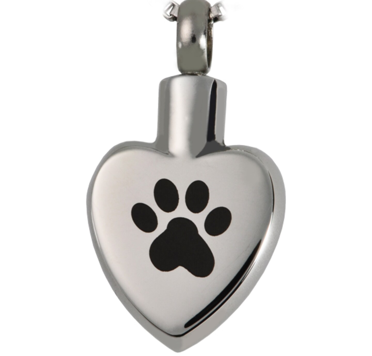 product name is Stainless Steel Heart Cremation Urn with Laser Engraved PAW on 24" Ball-Chain Necklace - Pet Loss, Pet Memorial