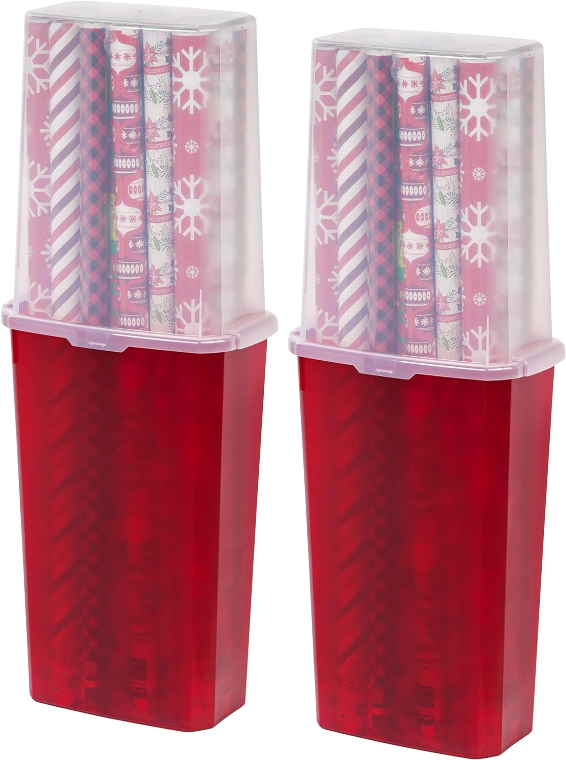 IRIS USA 40 20 Rolls Wrapping Paper Storage Container, Clear/Red