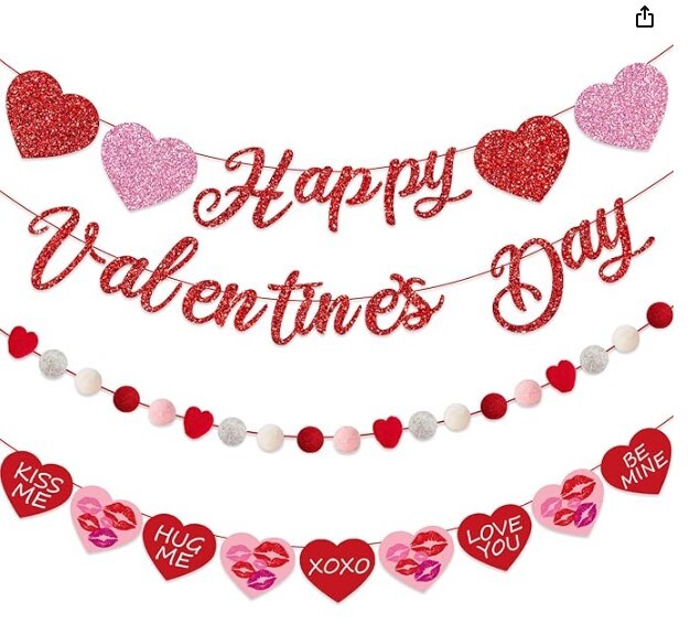Glitter Happy Valentine&#x27;s Day Banner Hearts Garland Pre Strung Pom Pom, Valentine&#x27;s Day Decorations for Galentines Wedding Anniversary Party Supplies