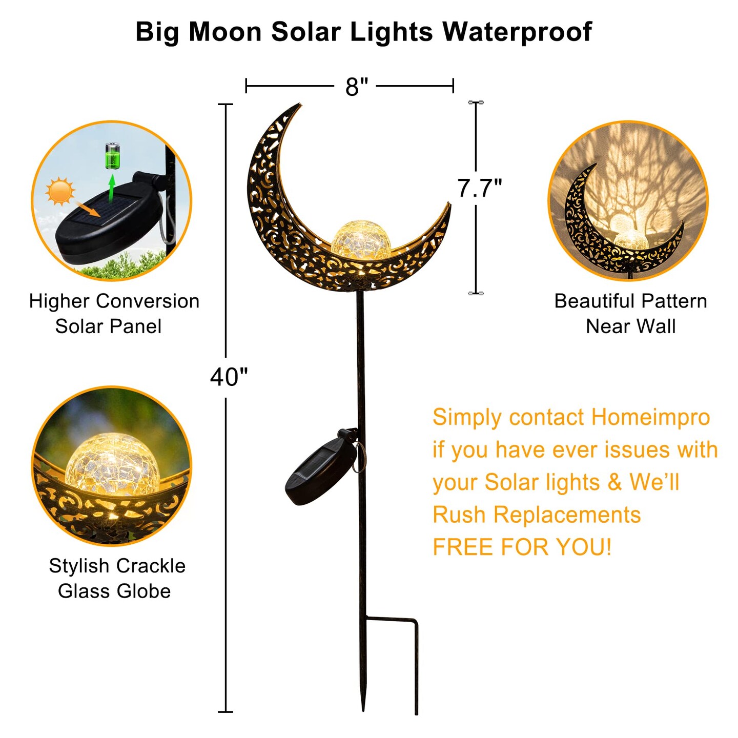 HOMEIMPRO Moon Solar Garden Lights Outdoor Stakes, Waterproof Crackle Glass Metal Decorative Lights for Lawn, Patio Accessories, Yard Decor, Christmas Gift (Bronze)