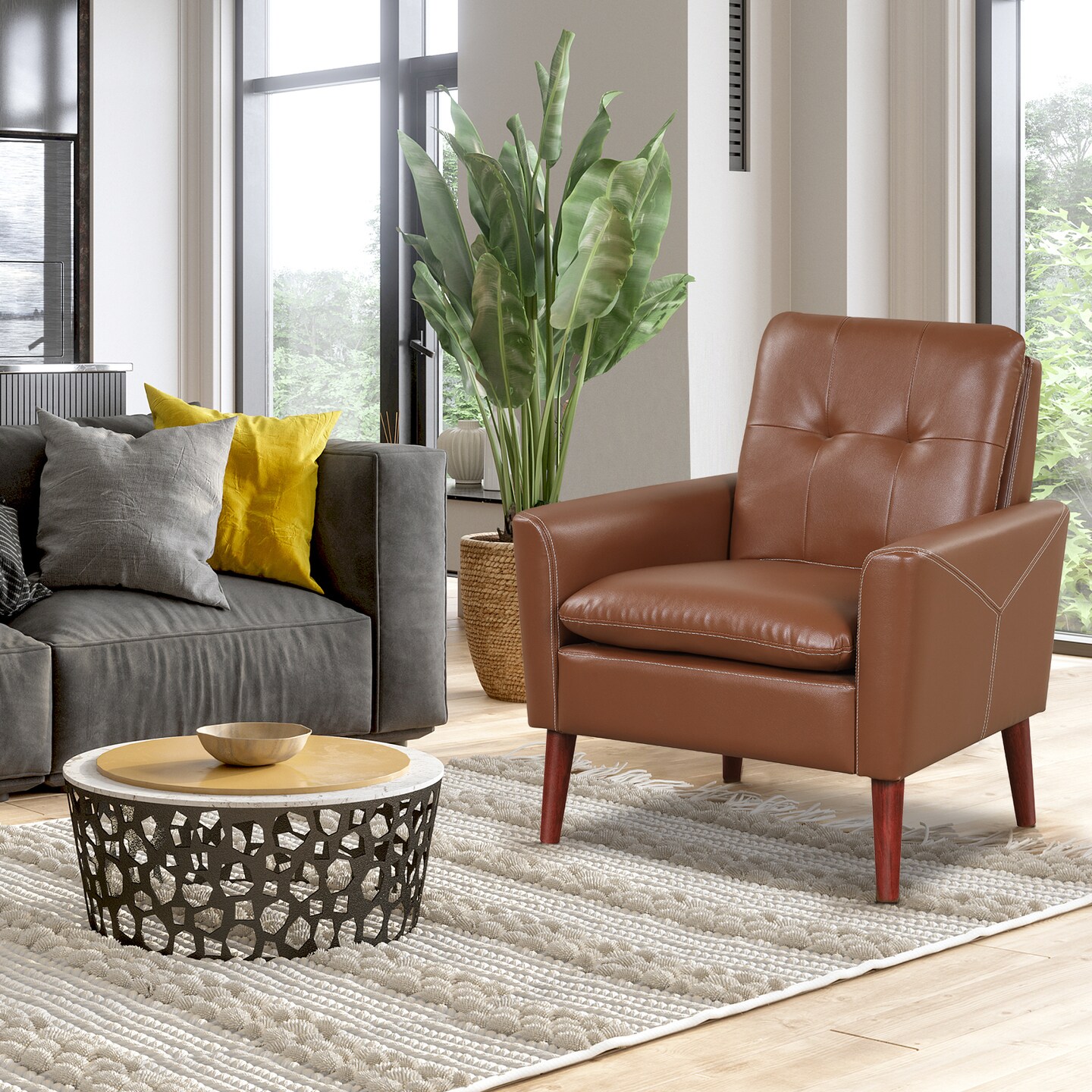 Costway Modern Accent Chair PU Leather Armchair Sofa Chair with Solid Wood Legs