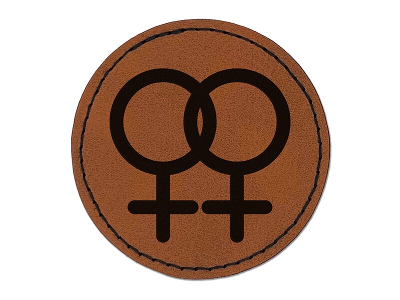 Doubled Female Sign Lesbian Gender Symbol Round Iron-On Engraved Faux Leather Patch Applique - 2.5"