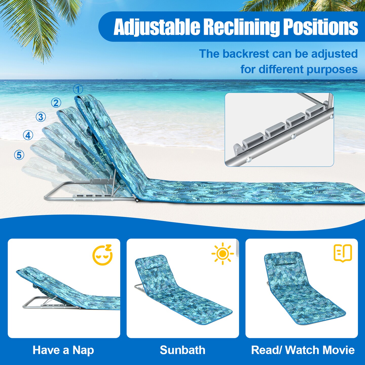 3 Pieces Beach Lounge Chair Mat Set 2 Adjustable Lounge Chairs with Table Stripe