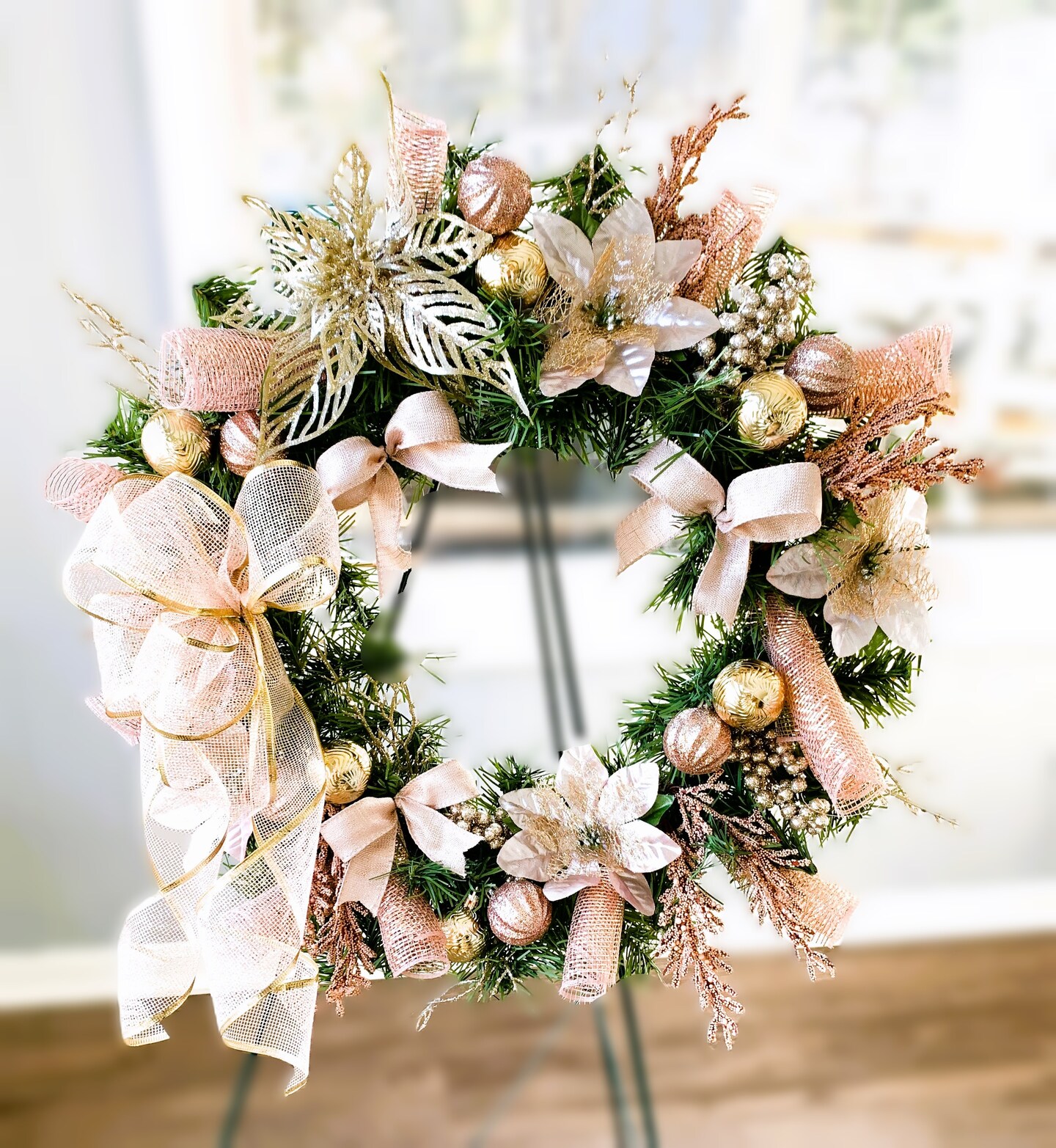 Christmas Wreath Rose Gold Holiday Wreath Elegant Sparkle Festive Door  Decor Winter Christmas Decoration Rose Gold Deco Mesh Holiday Season |  MakerPlace by Michaels, image size:994x1080