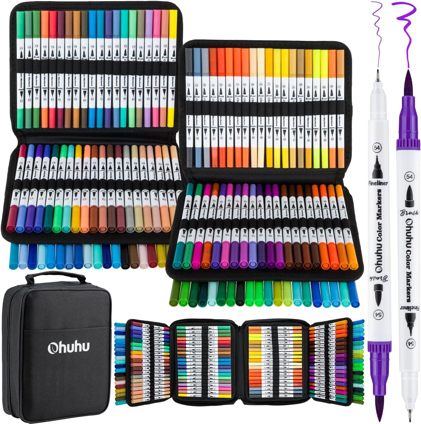 Ohuhu Water Based Markers for Adult Coloring Books: 160 Colors Brush Pens, Dual Tip Brush &#x26; Fine Drawing Pens, Coloring Markers for Calligraphy Bullet Journal with Carrying Case -Maui (White Package/Black Package)