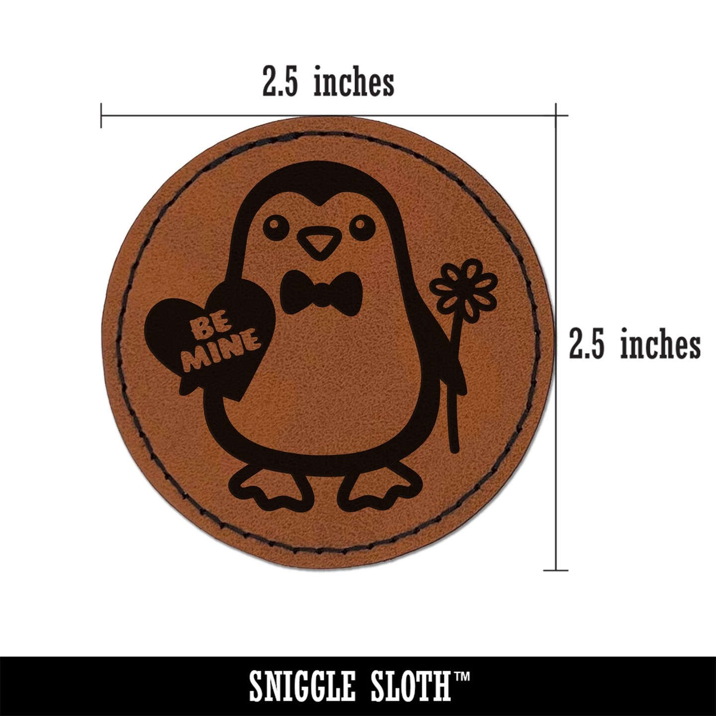 Penguin with Heart and Flower Valentine Round Iron-On Engraved Faux Leather Patch Applique - 2.5&#x22;