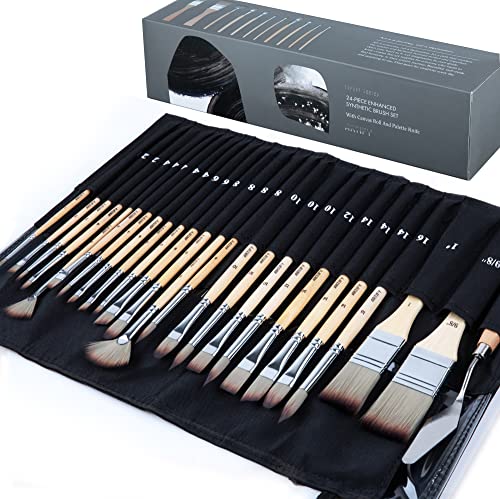 US Art Supply 24 Piece Oil & Acrylic Paint Long Handle Artist Paint Brush Set with Canvas Roll-Up