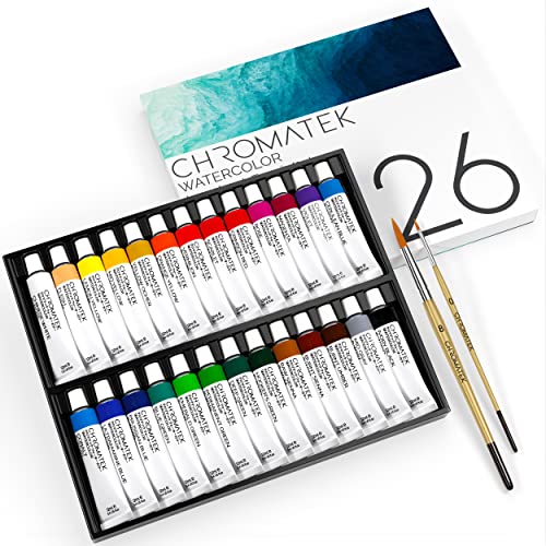 26 x 12ml Watercolor Paint Tube Set | 2 x Professional Brushes | Richly Pigmented Vibrant Colors | Adults, Children, Beginners and Artists Paint Set