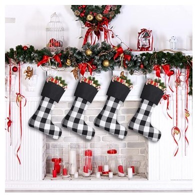 8 Pack Buffalo Plaid Christmas Stockings, 18 Inch Buffalo Plaid Christmas Stockings Large Personalised Stocking Decorations for Family Xmas Holiday Party (Black and White Plaid)