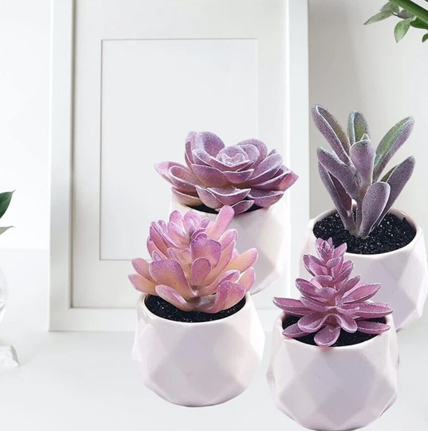 Mini Purple Fake Plants for Women Desk Faux Succulents in Pots Small Realistic Artificial Succulents for Home Office Decor
