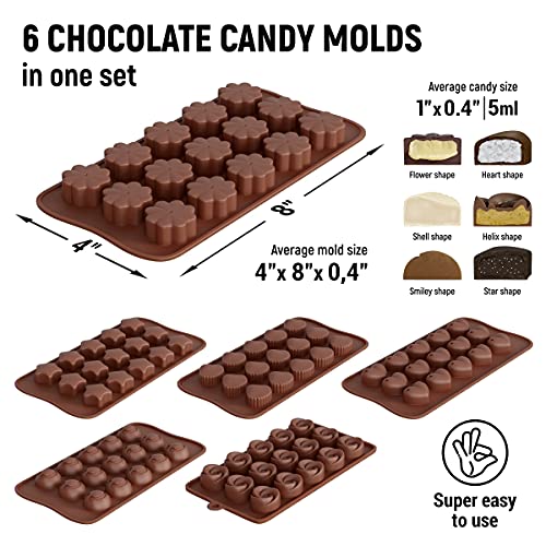 6 Pieces Chocolate Molds Silicone Set - Free Recipes Ebook - Food Grade Candy Molds Silicone - Easy to Use Non-Stick Silicone Molds for Candy
