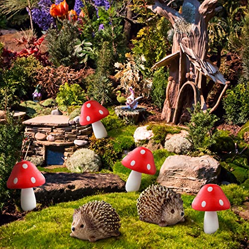 Fairy Outdoor Garden Animals Figurines Outdoor Fairy Wild Garden Accessories Resin Hedgehogs and Wood Mushroom Miniature Garden for Plant Pots Bonsai Craft Decor Fairy Wild Garden Supplies
