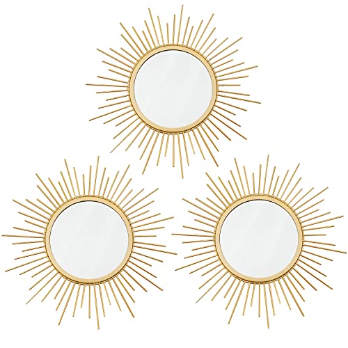 Uaussi 3 Pack Sunburst Wall Mirror Metal Wall Mounted Mirrors Bling Home Decorative Hanging Wall Art for Living Room Bedroom-Sunburst Gold