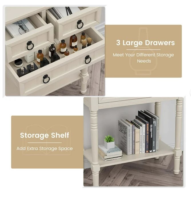 Beige Console Entryway Table with 3 Drawers and an Open Shelf for Hallway Living Room