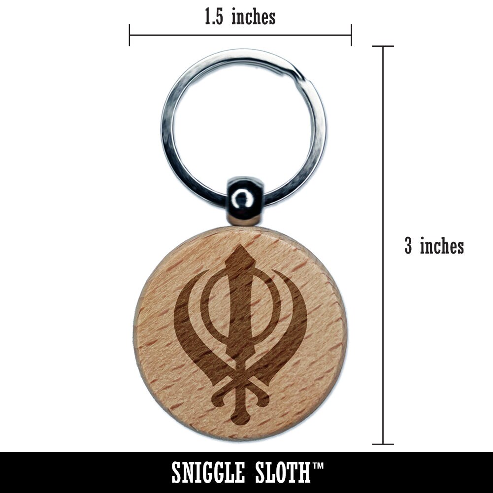 Sikh Khanda Indian Punjab Religious Symbol Engraved Wood Round Keychain Tag Charm