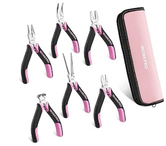Needle Nose, Long Nose, Bent Nose, Diagonal, End Cutting, and Linesman Pliers, 6-Piece Mini Pliers Set, with Pouch - Pink Ribbon
