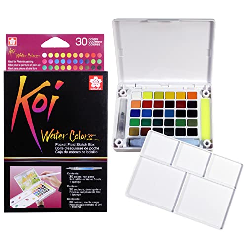 SAKURA Koi Pocket Field Sketch Kit - Watercolor Sets for Painting On the Go - 30 Colors - 1 Water Brush - 1 Sponge - 1 Mixing Palette