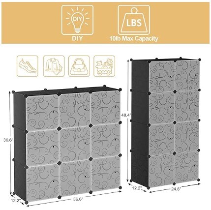 9 DIY Plastic Closet Organiser Cabinet, Modular Bookcase Storage Shelves, Cube Storage Organiser with Doors for Office, Livingroom, Black