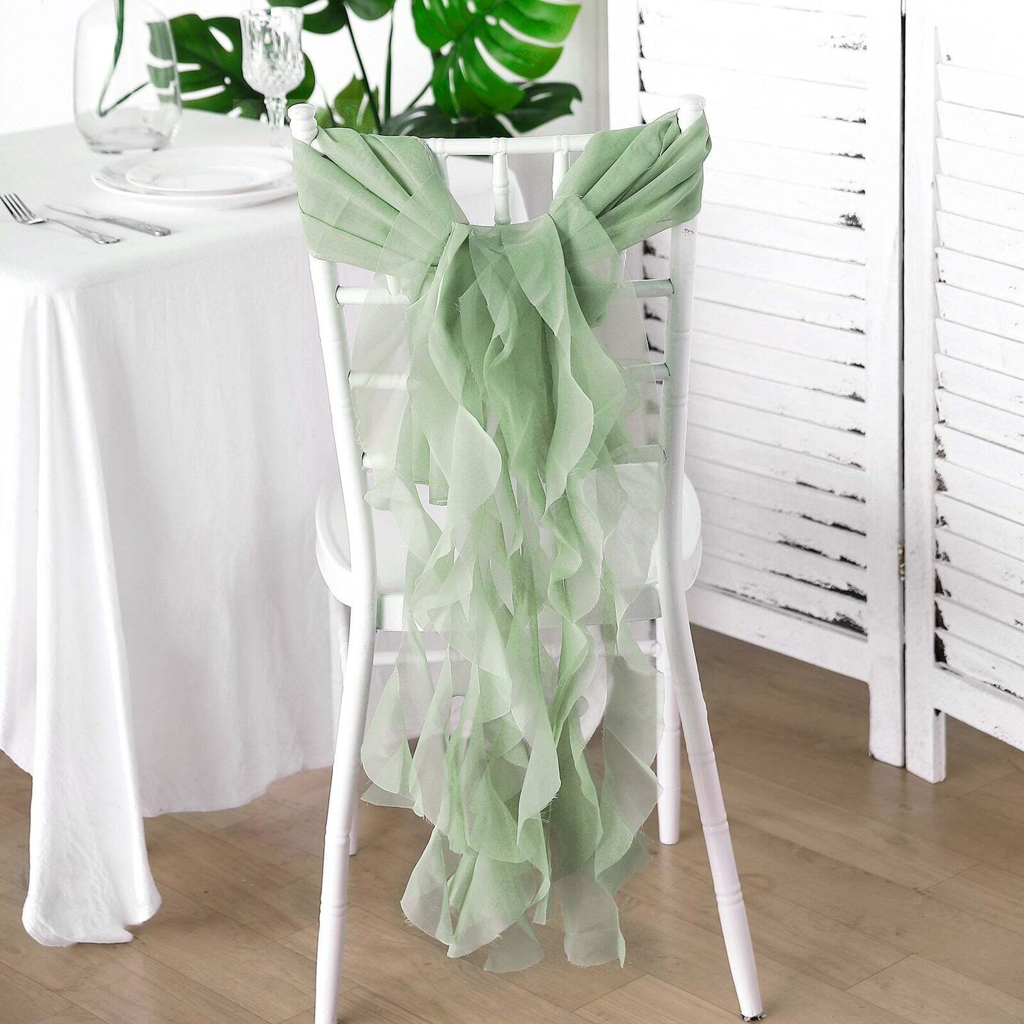 Sage Green Premium Curly Chiffon Chair Covers and Sashes for Wedding