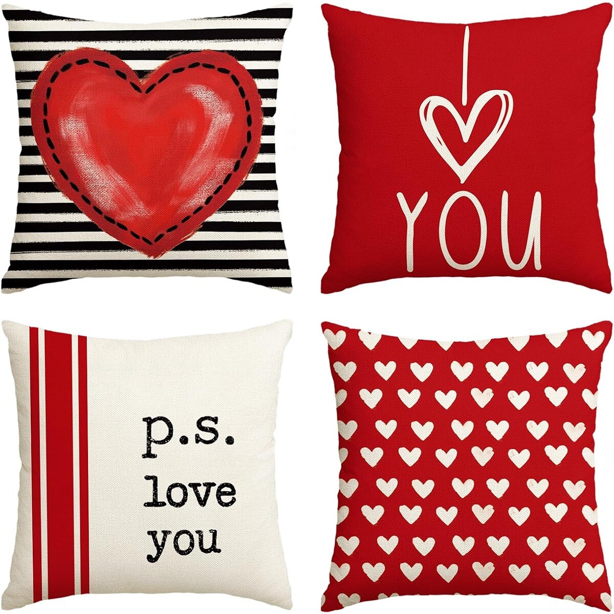 Valentines Day Pillow Covers 18x18 inch Set of 4 for Home Decor Truck Flower Red Heart and Love Bicycle Decor Valentines Day Throw Pillows Decorative