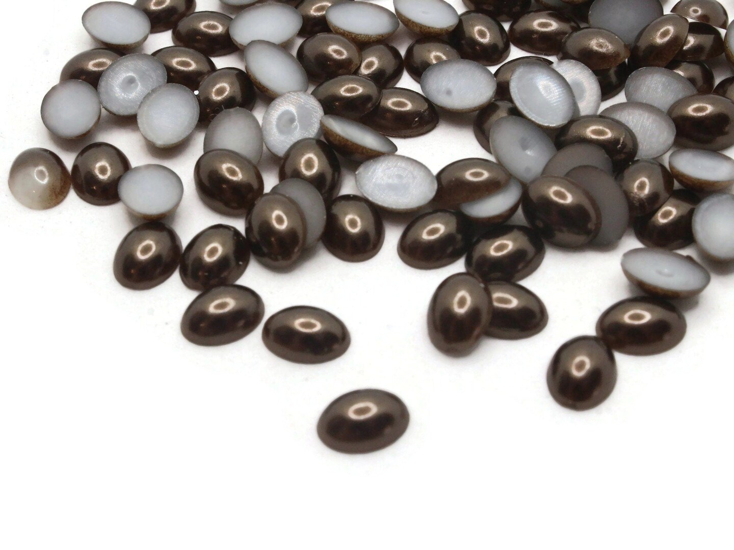 100 8mm x 6mm Brown Pearl Oval Flatback Plastic Cabochons