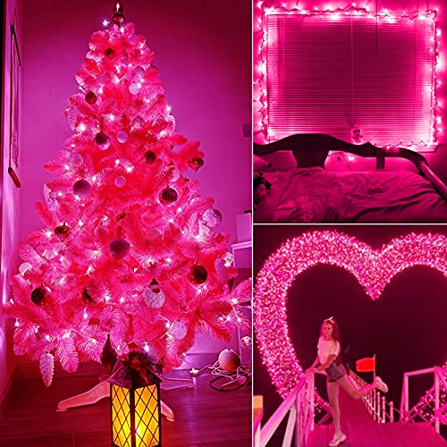 100  Pieces Christmas Pink Mini String Lights - 25 Feet Detachable Incandescent Bulb Waterproof Fairy Lights Plug in for Indoor Outdoor Party Patio Xmas Tree Valentine&#x27;s Day Decoration, White Wire