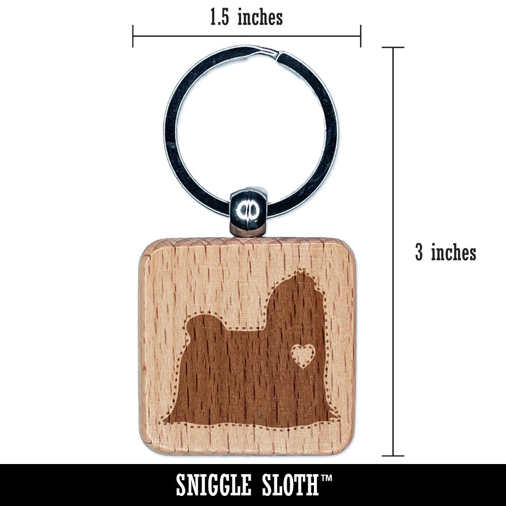Maltese Dog with Heart Engraved Wood Square Keychain Tag Charm