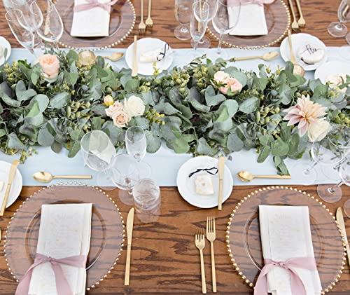 Garland 6.56 Ft Lush Silver Dollar Eucalyptus Leaves Boxwood Artificial Faux Greenery Garland Vines for Baby Shower Wedding Party Table Runner Room Home Mantle Decor