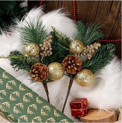 6 Pack 12&#x27;&#x27; Elegant Faux Picks for Christmas Gold &#x26; Silver Globe Ornaments + Pine Cone + Green Poinsettia Leaf + Mini Gold Balls