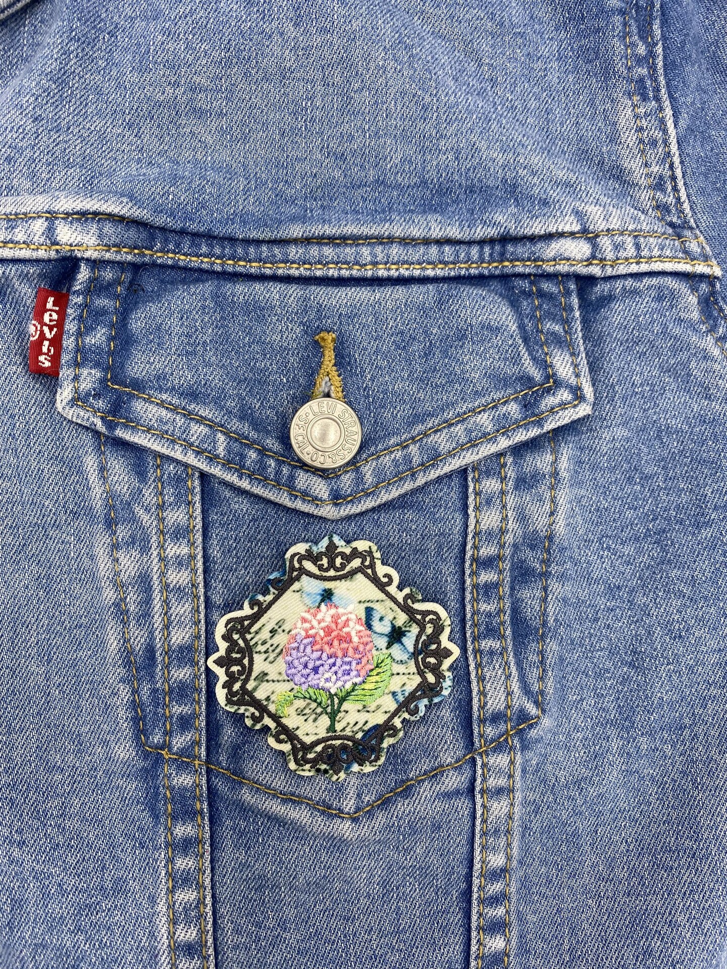 Hydrangea Flowers in Vintage Postage Stamp Frame, Embroidered, Iron-on Patch