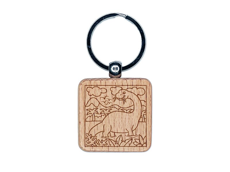 Brontosaurus Eating in Water Dinosaur Engraved Wood Square Keychain Tag Charm