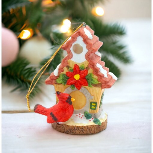 kevinsgiftshoppe Ceramic Cardinal Bird with Birdhouse Light Cover Ornament Home Decor  Mom Christmas tree Decor
