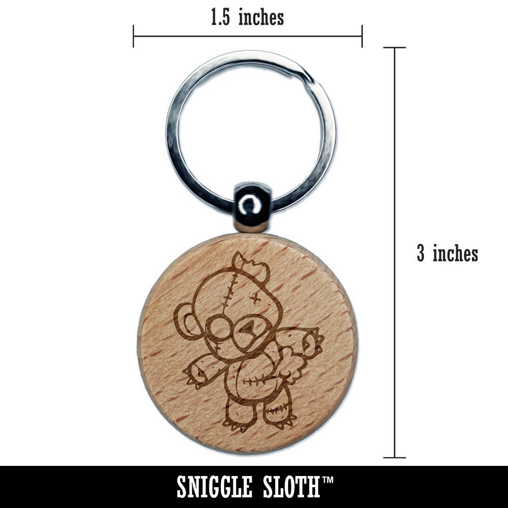 Creepy Spooky Stitched Teddy Bear Horror Engraved Wood Round Keychain Tag Charm