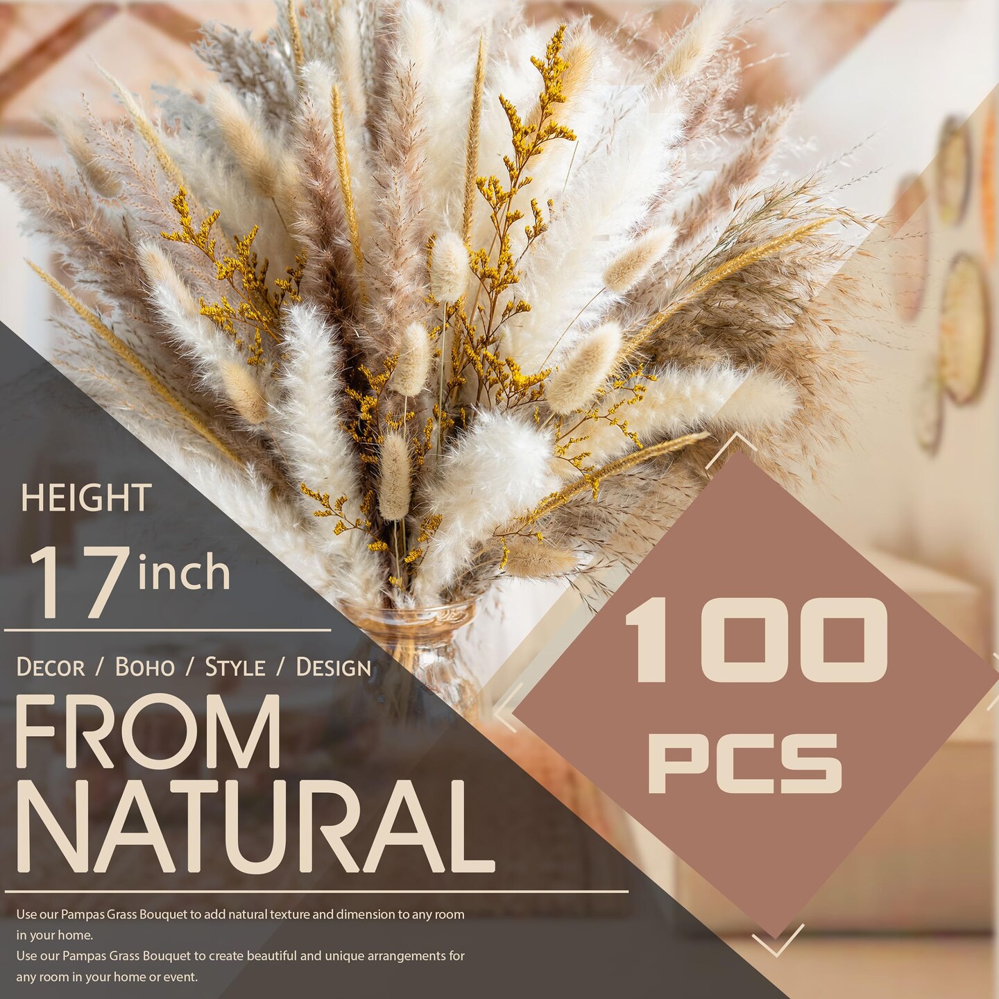 100PCS Natural Dried Pampas Grass Bouquet,Phragmites Dried Flowers,Boho  Home Decor Dried Flowers Arrangements for Wedding Floral Arrangements Home  Decorations 