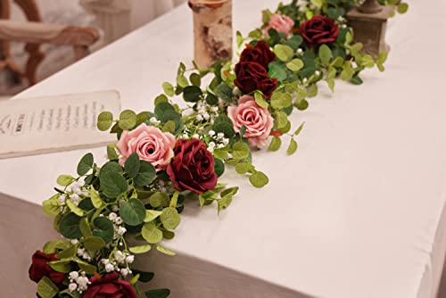 Anna&#x27;s Whimsy 5.91FT Artificial Eucalyptus Garland with Flowers, Fake Rose Gypsophila Garland, Faux Floral Garland Greenery Garland for Wedding Home Party Craft Art Table Runner Decor (Dusty Pink, 1)