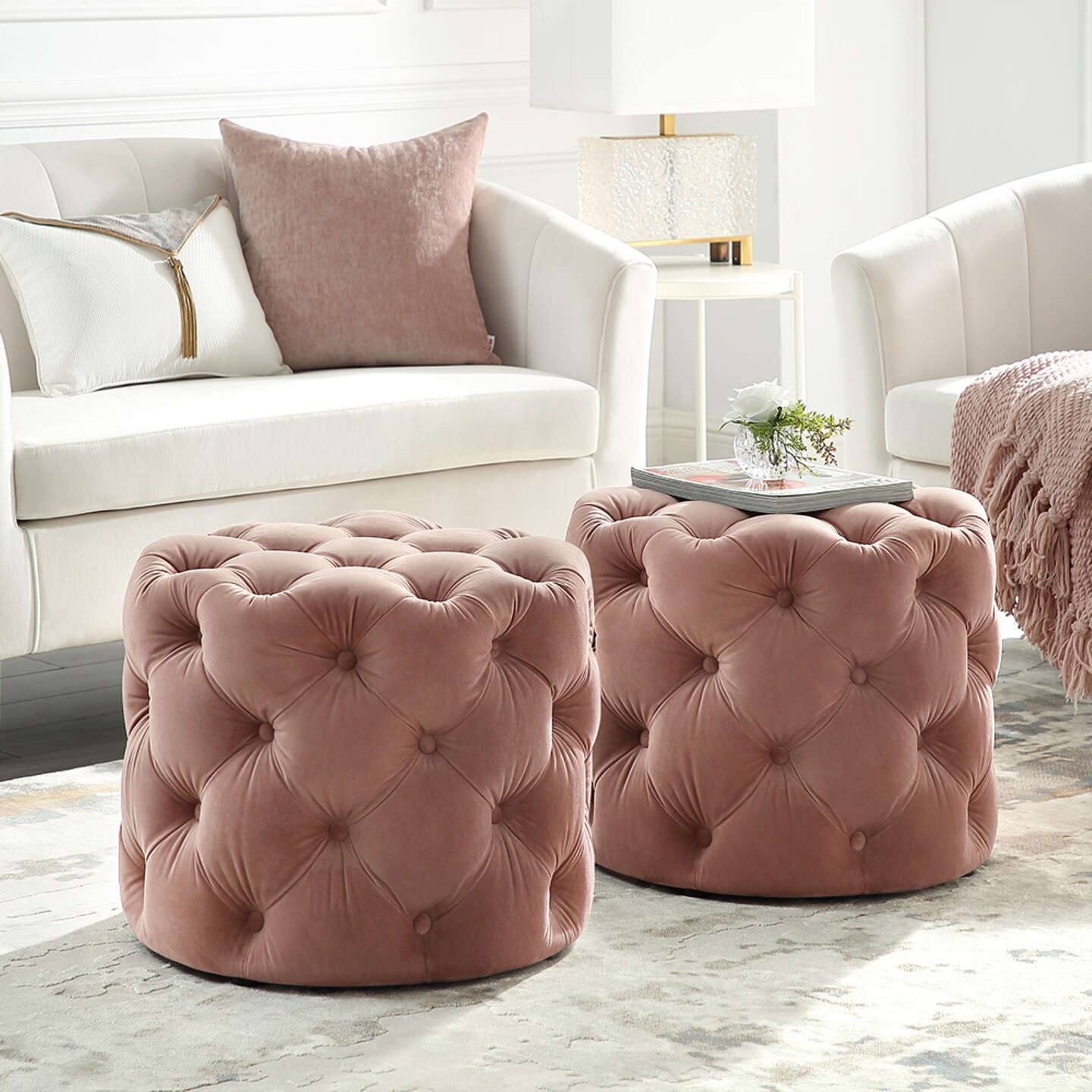Marianna Linen/Velvet Tufted Allover Upholstered Round Ottoman, 1 Piece
