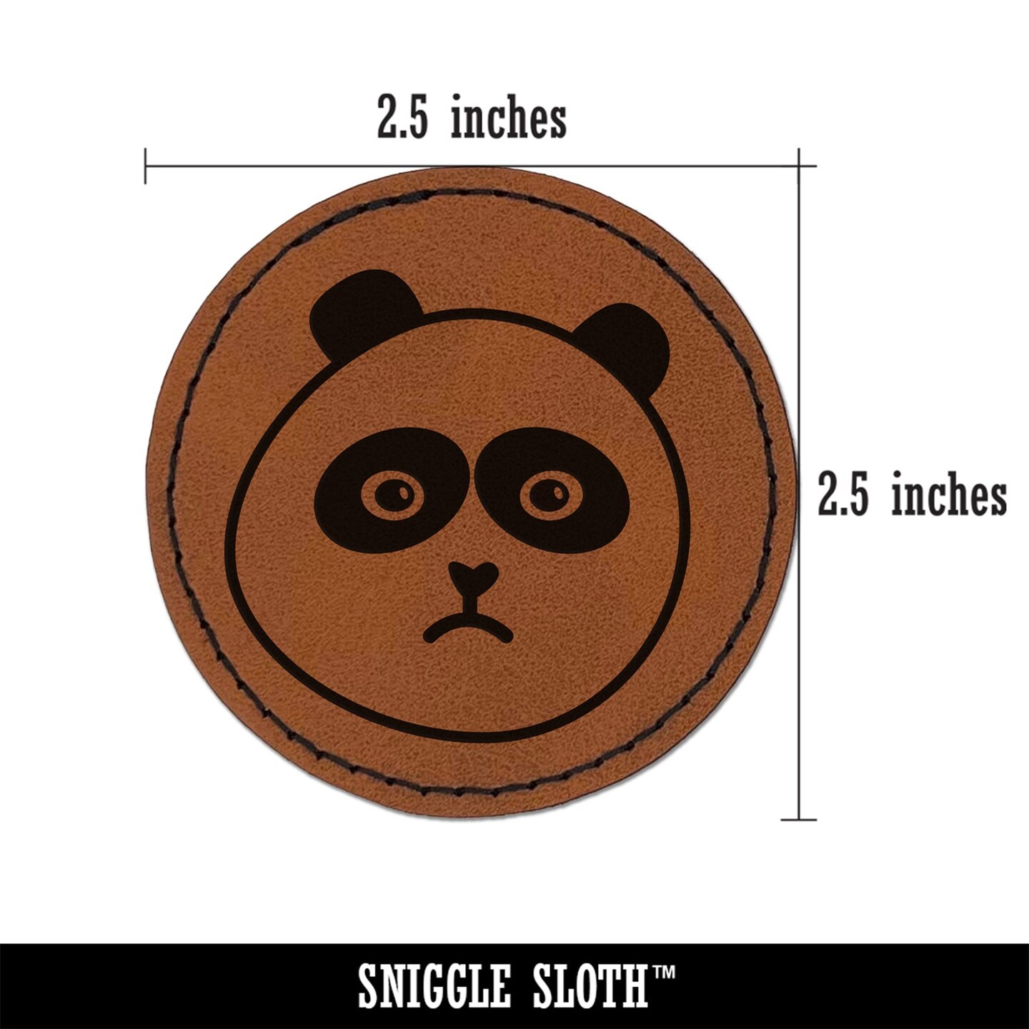 Sad Panda Face Round Iron-On Engraved Faux Leather Patch Applique - 2.5&#x22;